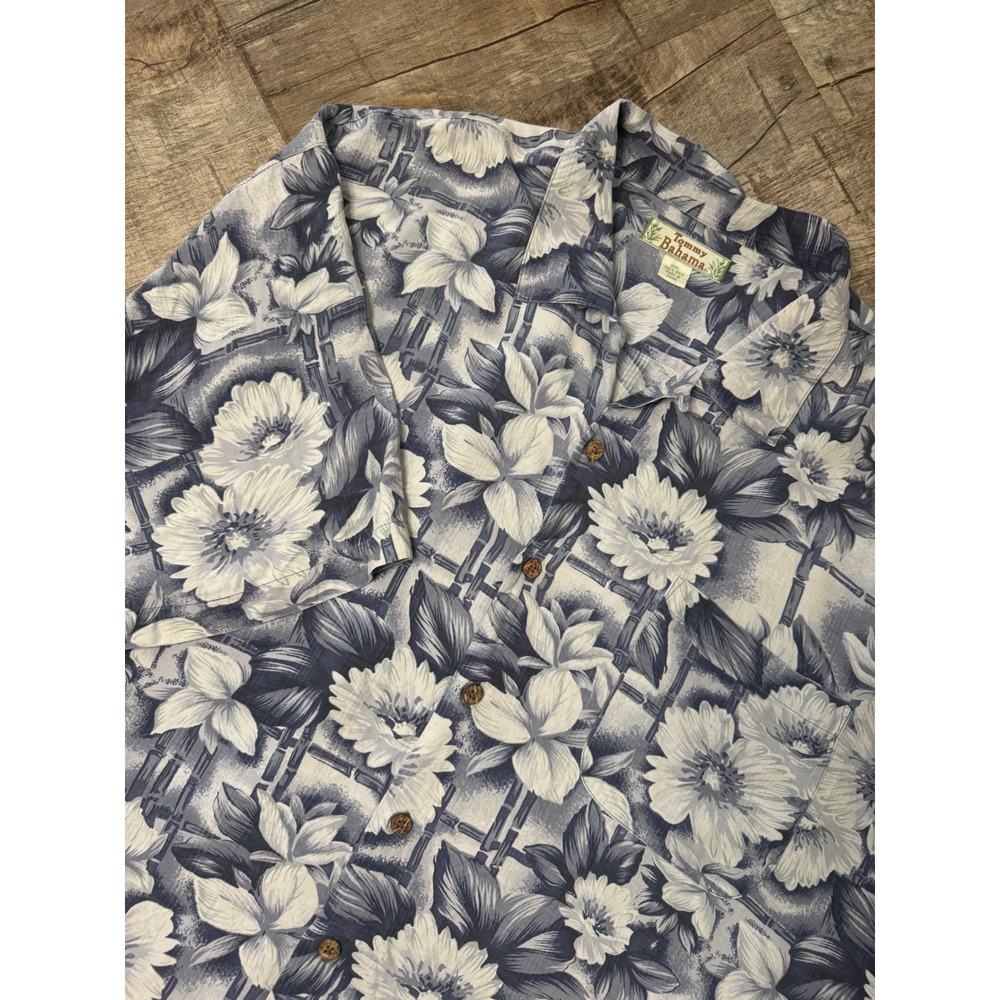 Tommy Bahama Mens XXL Blue White Floral Bamboo Print 100% Silk Camp Shirt